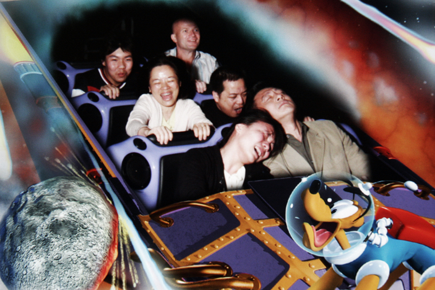 A souvenir photograph of tourist during an attraction at Disneyland in Hong Kong.